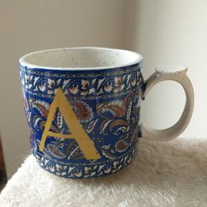 Anthropologie Mug Monogram "A" Thumb Rest Blue Gold Floral Paisley Ceramic 15 oz